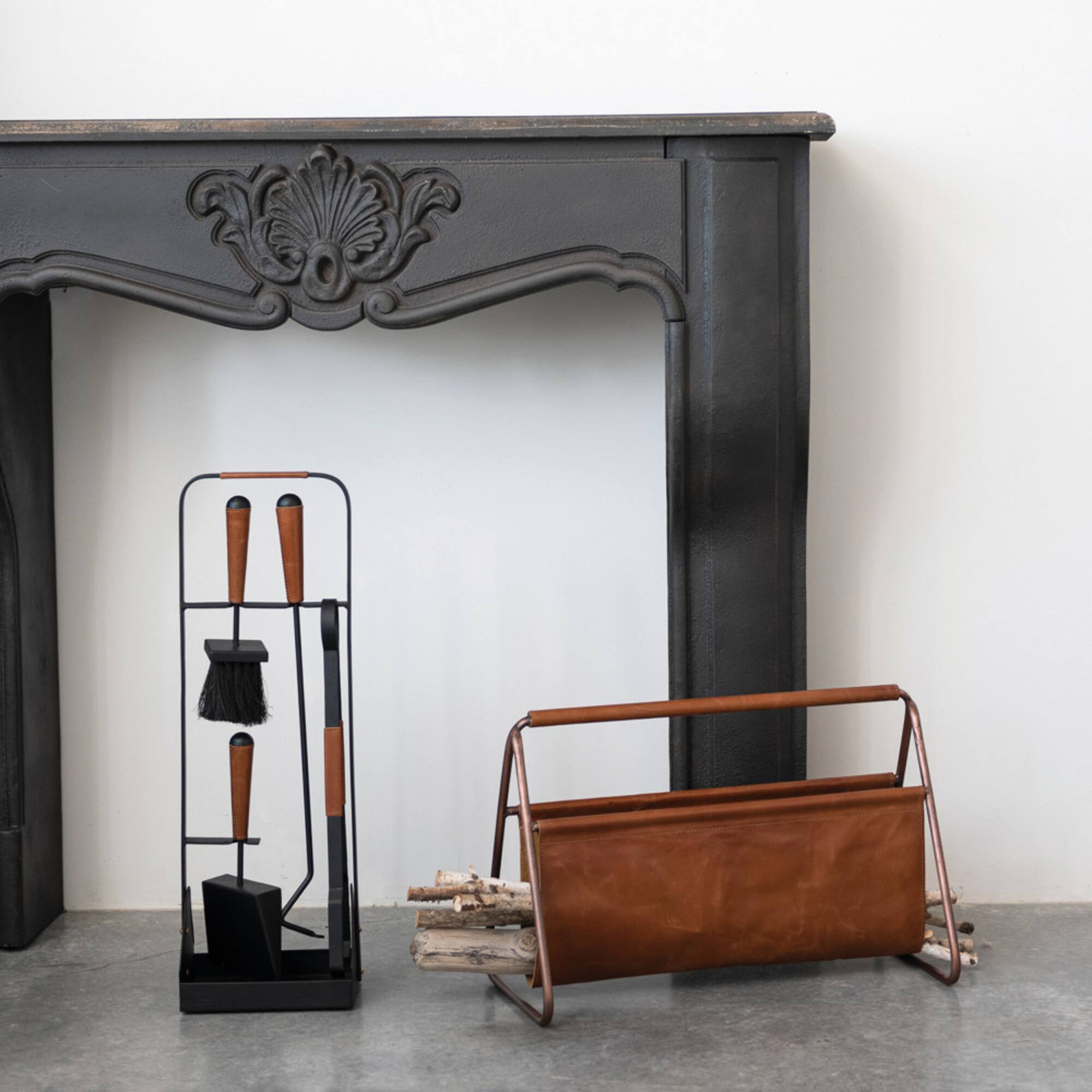 Hello Honey® 16" Mid Century Natural Buffalo Leather & Metal Log Holder